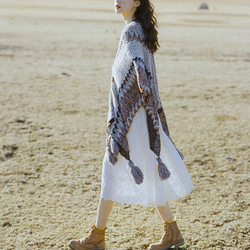 Tibetan Shawl Gray Brown Striped Knitted Tassels Winter Cozy Travel Scarf Wrap