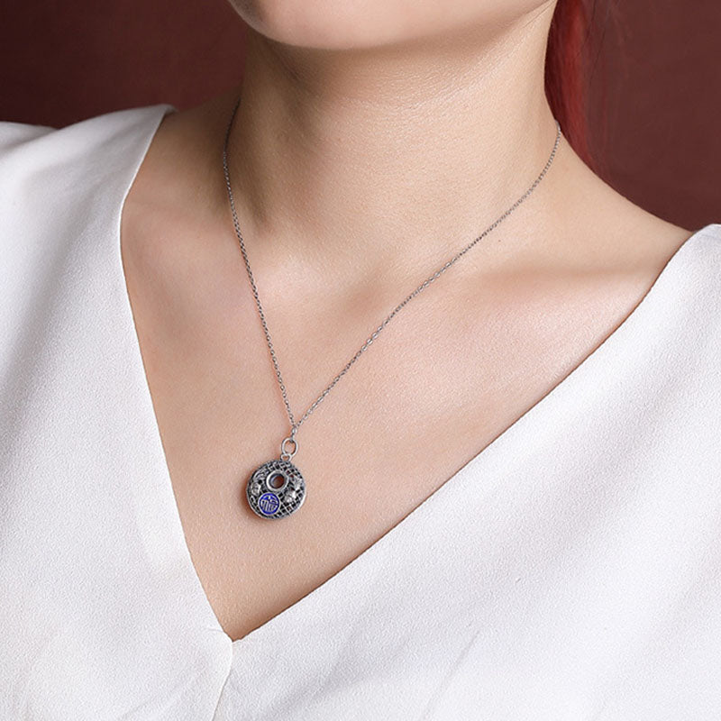 999 Sterling Silver Koi Fish Fu Character Lotus Peace Buckle Wealth Necklace Pendant