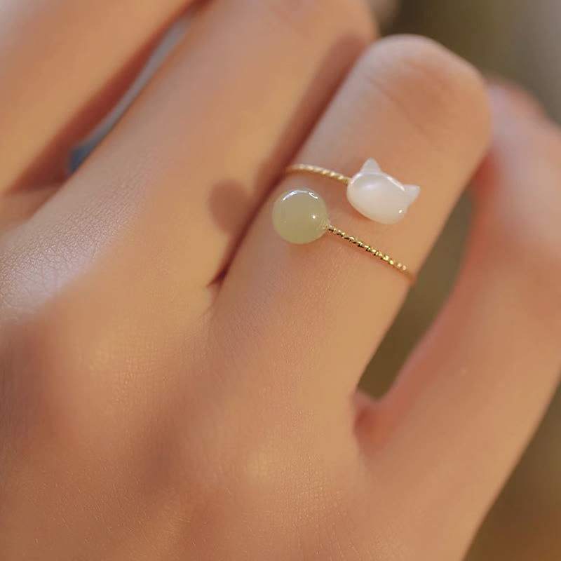 Tridacna Stone Cat Head Jade Bead Blessing Ring