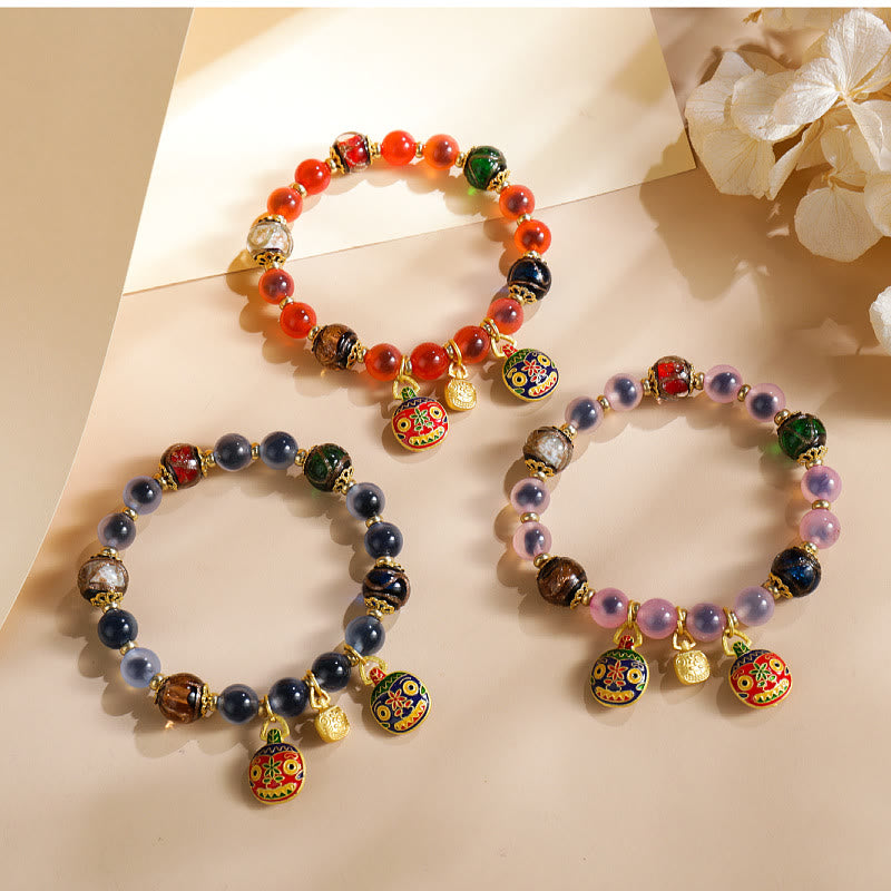 Vibrant Candy Agate & Liuli Beaded Bracelet with Gold Swallowing Beast Family Charm