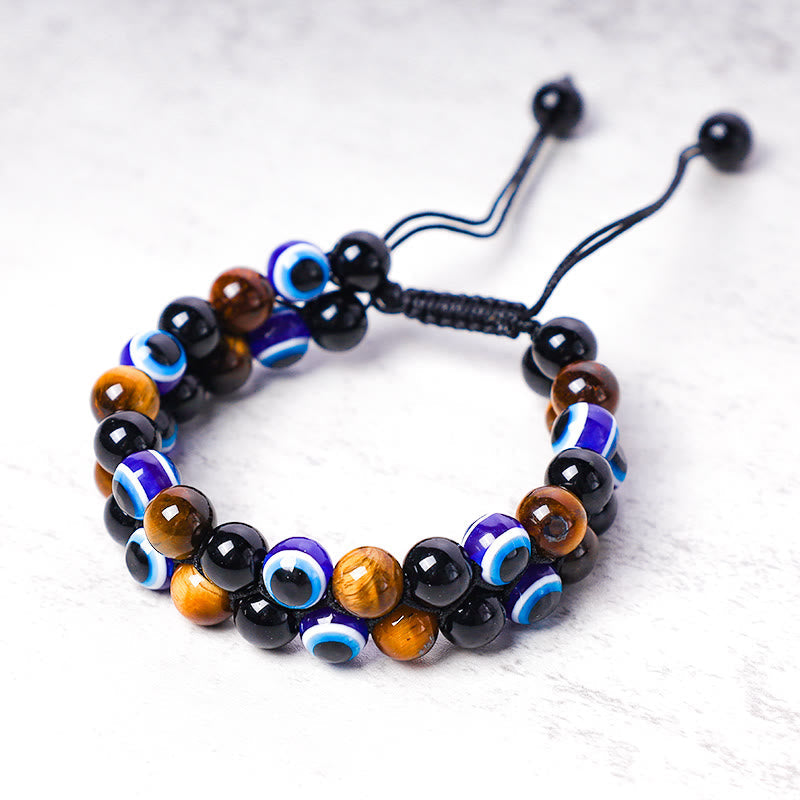 Handmade Evil Eye Hematite and Tiger Eye Adjustable Beaded Bracelet for Men and Women