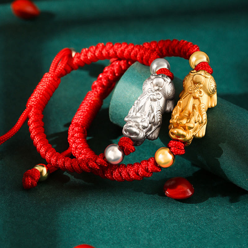 999 Sterling Silver Pixiu Red String Braided Vajra Knot Bracelet for Kids