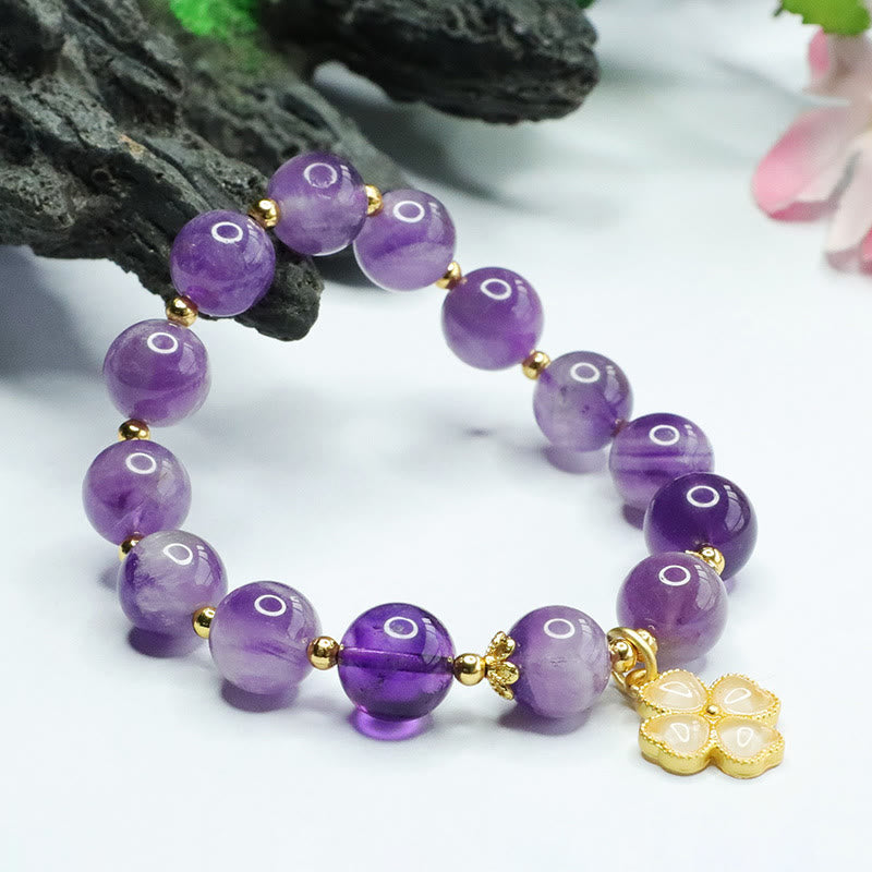Natural Amethyst Crystal Inner Peace Four Leaf Clover Charm Bracelet