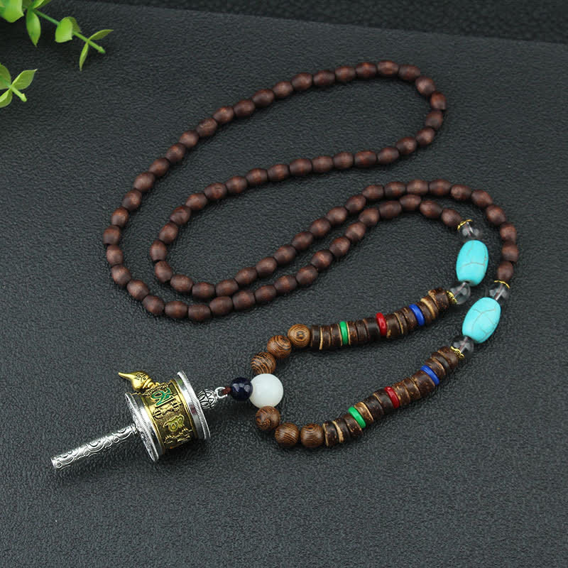 Tibetan Om Mani Padme Hum Prayer Wheel Rotation Vajra Wood Necklace Pendant