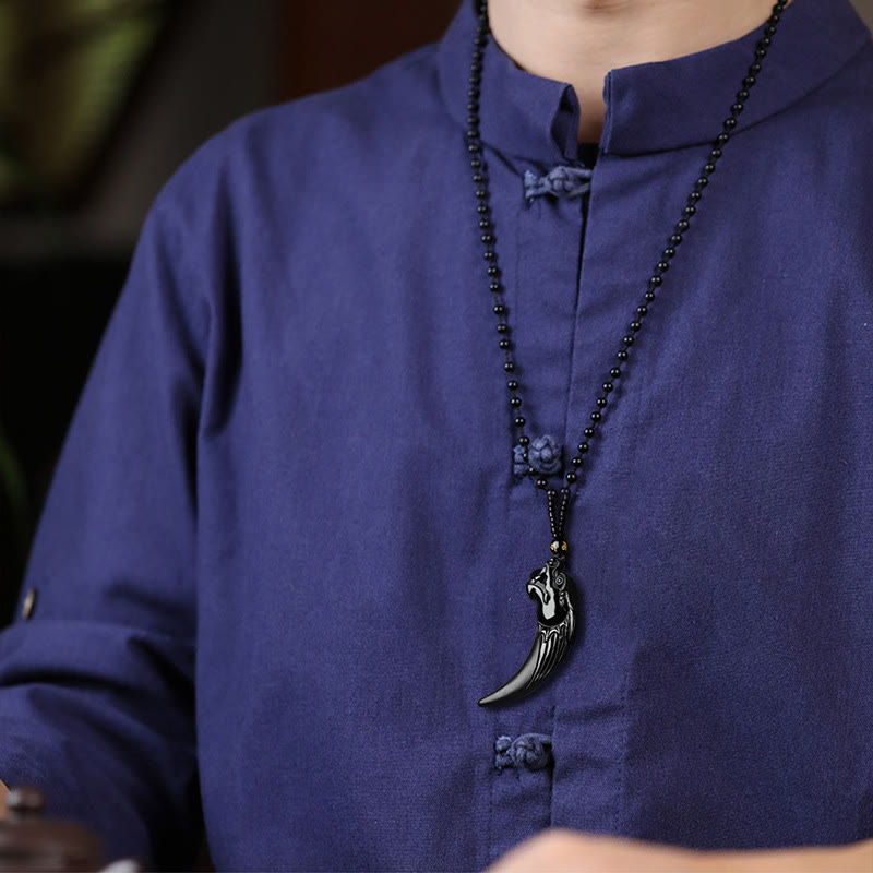 Natural Black Jade Chinese Zodiac Dragon Tooth Pattern Protection Necklace Pendant