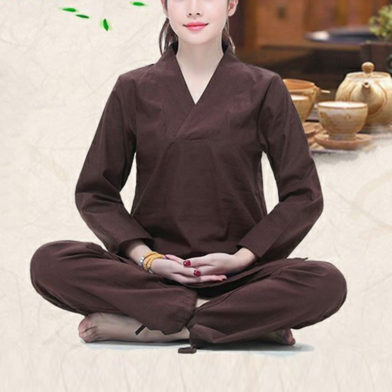 Zen Practice Yoga Meditation Prayer V-neck Design Uniform Cotton Linen Clothing Women's Set