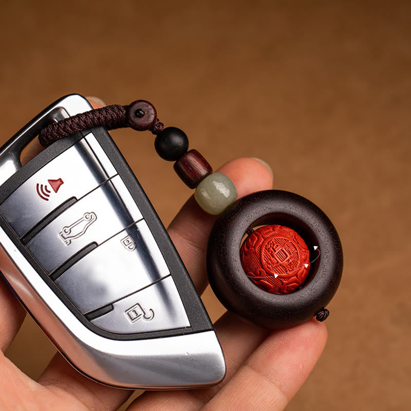 Red Sandalwood & Jade Cinnabar Keychain with Om Mani Padme Hum, Pixiu, or Copper Coin
