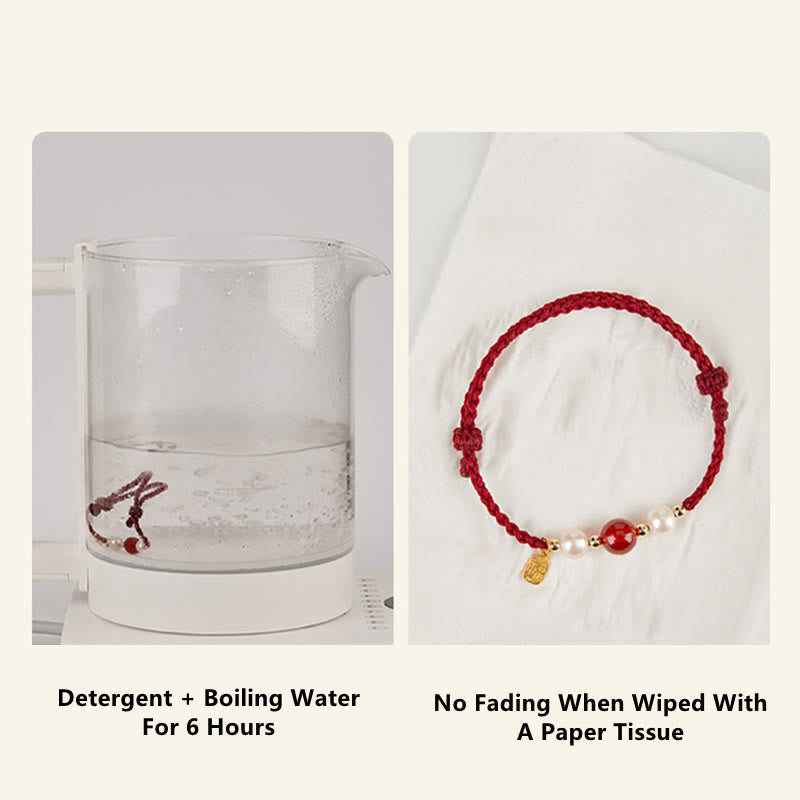 925 Sterling Silver Fu Prosperity Charm Agate Pearl Red String Braided Bracelet