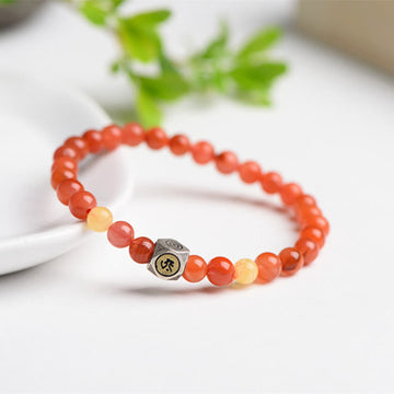 925 Sterling Silver Amber and Red Agate Zodiac Guardian Buddha Beaded Bracelet