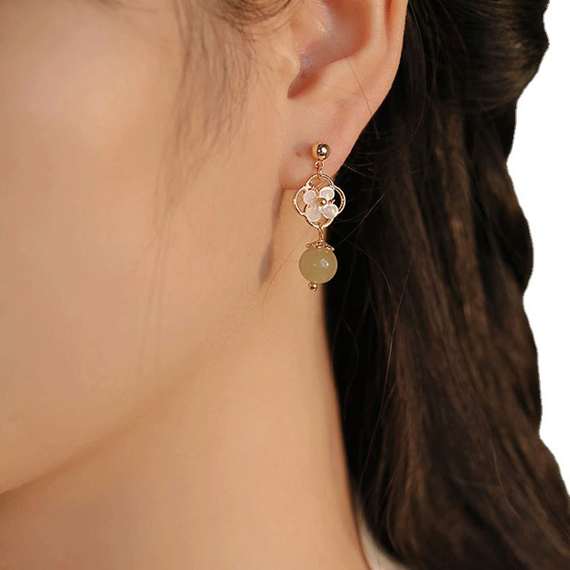 Tridacna Stone Flower Jade Bead Blessing Drop Earrings