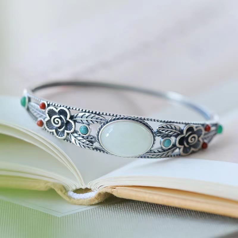 Cyan Jade White Jade Flower Leaf Harmony Luck Bracelet Bangle