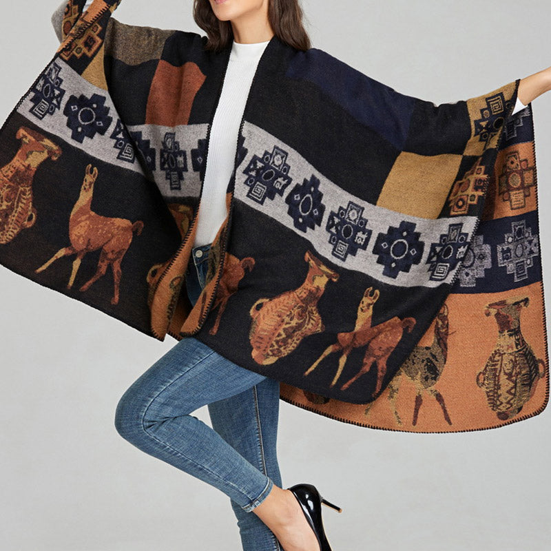 Tibetan Shawl Deer Vase Geometric Shapes Winter Cozy Travel Scarf Wrap