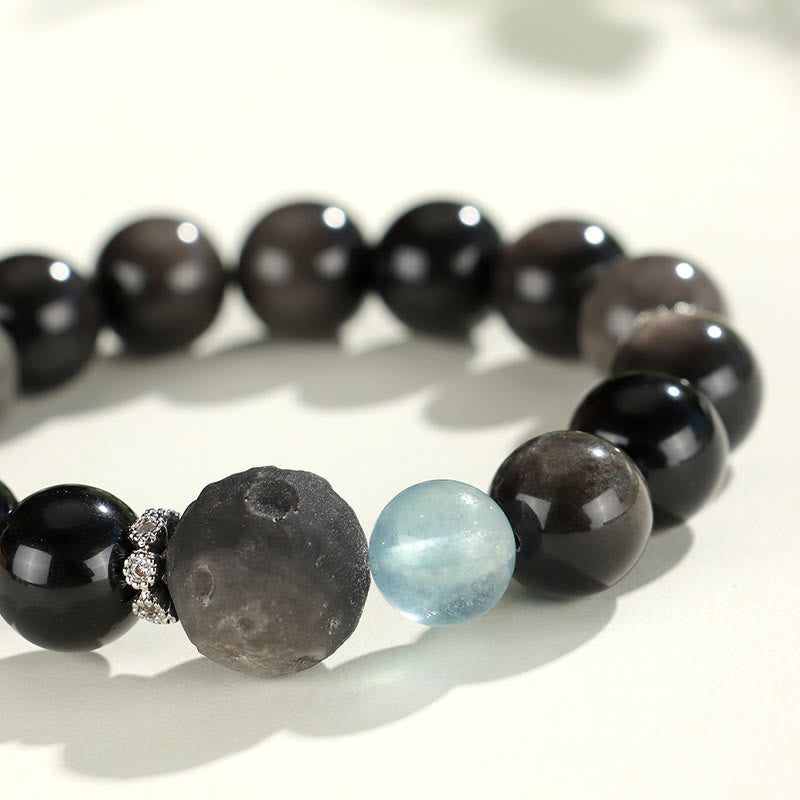 Natural Silver Sheen Obsidian Charm Bracelet with Rose Quartz, Aquamarine, Black & Clear Quartz
