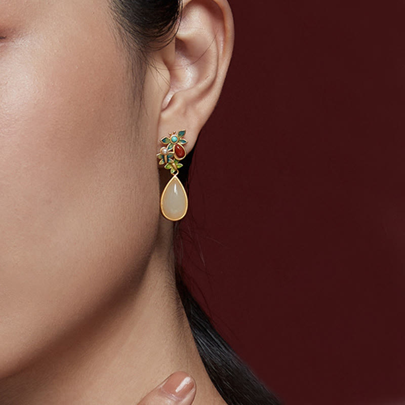 Water Drop White Jade Red Agate Butterfly Protection Drop Dangle Earrings