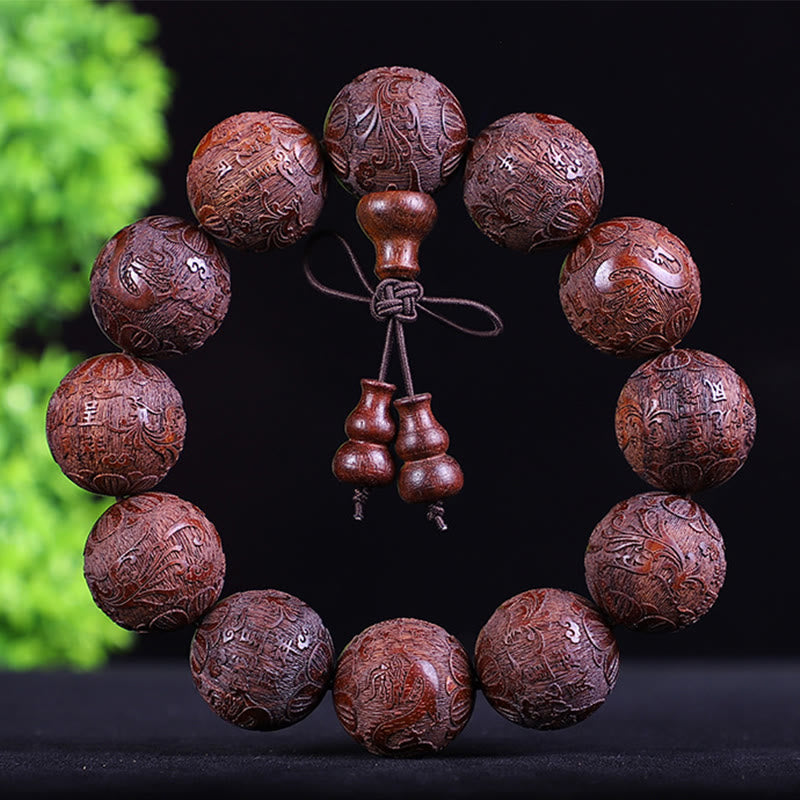 Chinese Zodiac Rosewood Ebony Copper Coin PiXiu Carved Warmth Bracelet
