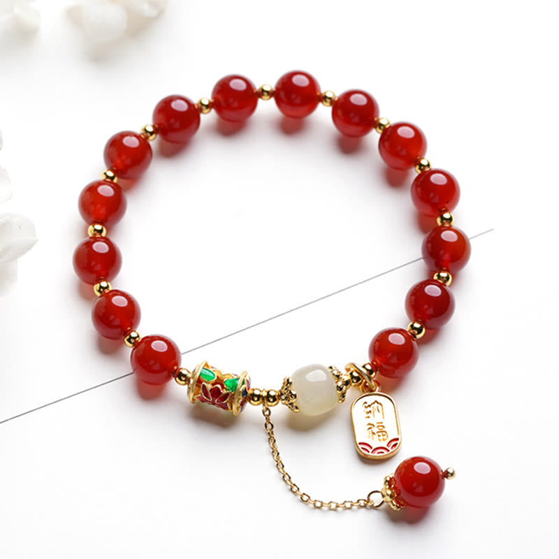 Natural Red Agate and Hetian Jade Copper Fu Symbol Beaded Charm Bracelet