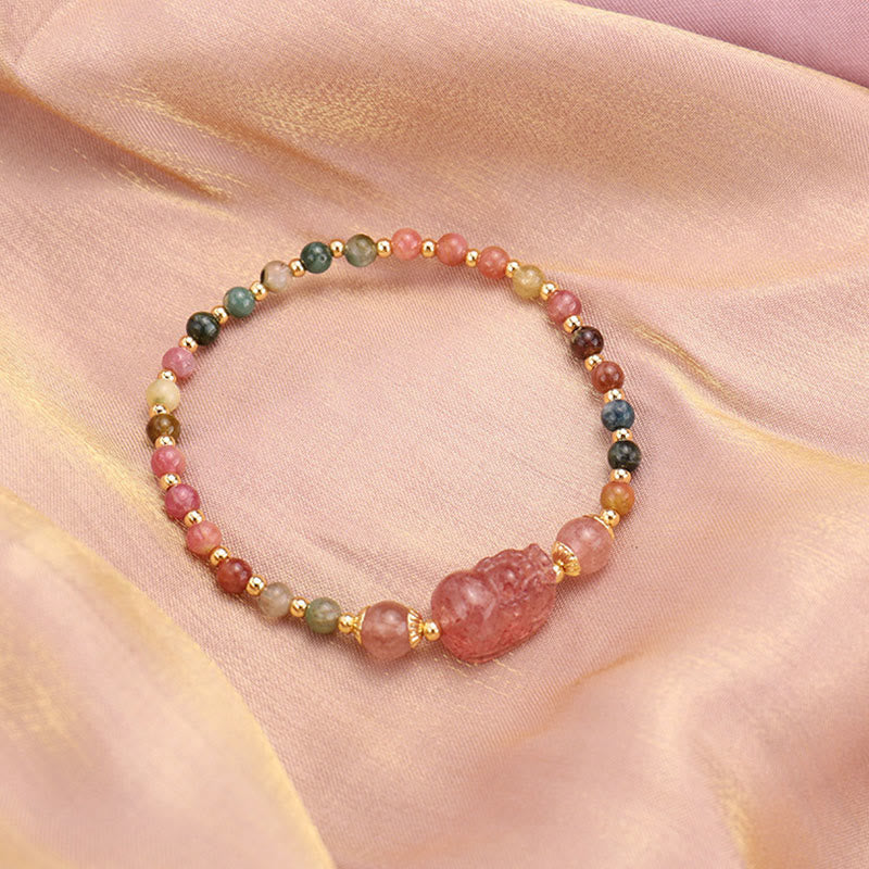 Natural Tourmaline Garnet Strawberry Quartz PiXiu Moonstone Protection Bracelet