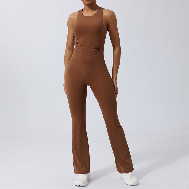 Women Workout Crisscross Sleeveless Flare Jumpsuit Sports Fitness Yoga Bodysuit
