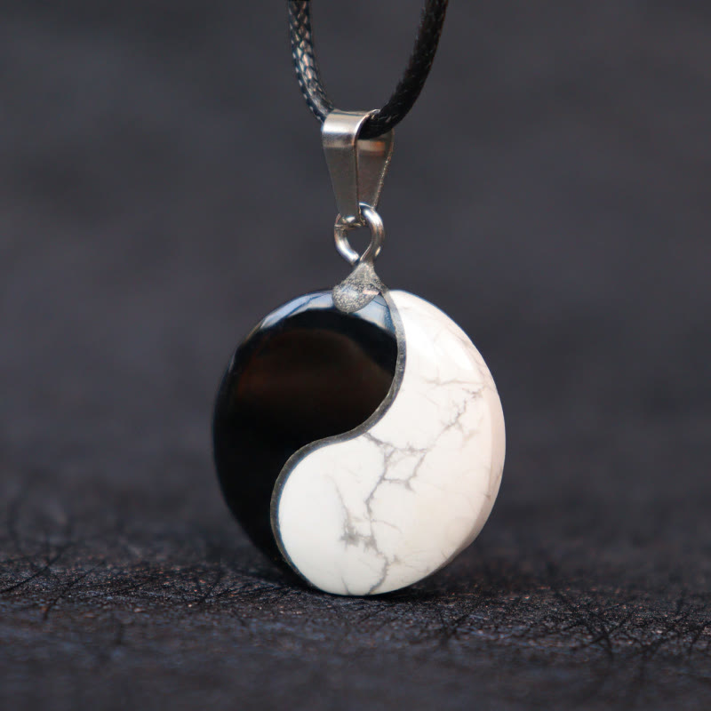 Natural Black Obsidian and White Turquoise Yin Yang Transformation Rope Pendant
