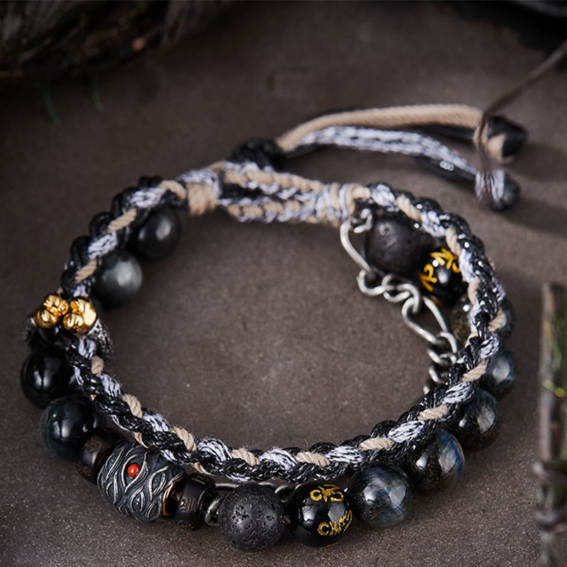 Handmade 925 Sterling Silver Gold Plated Lava Stone, Eagle's Eye & Black Agate Om Mani Beaded Bracelet
