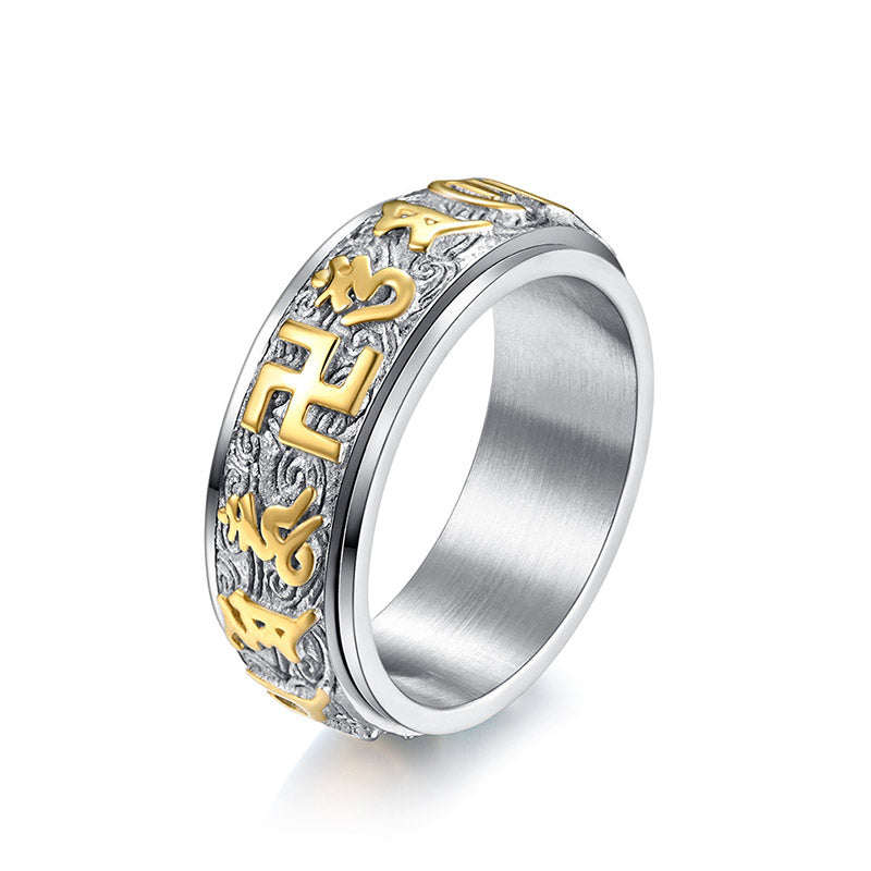 Six True Words Om Mani Padme Hum Titanium Steel Mantra Ring