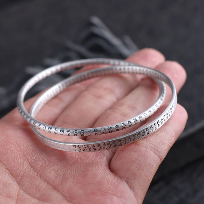 999 Sterling Silver Hand-Carved Heart Sutra Bangle Bracelet