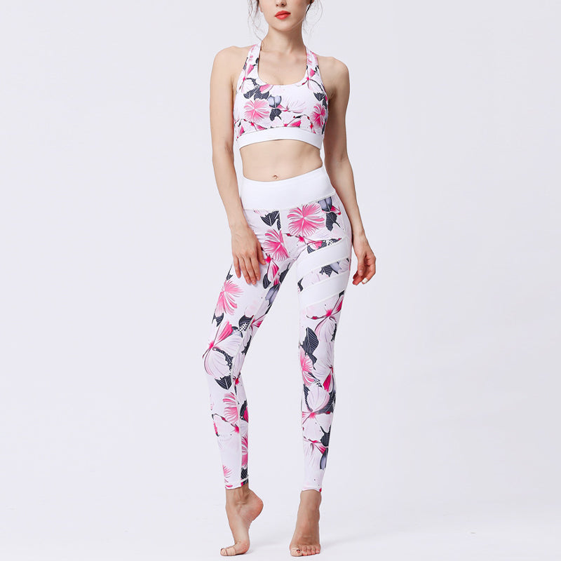 2Pcs Sunflower Flowers Leaves Print Top Pants Sports Fitness Yoga Women's Yoga Sets