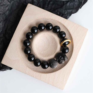 Guardian Lion Silver Sheen & Black Obsidian Beaded Resilience Bracelet