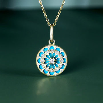 925 Sterling Silver Round Turquoise and Zircon Necklace Pendant