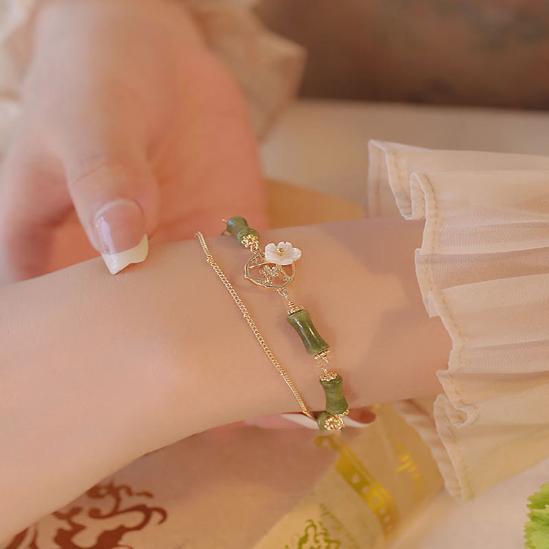14k Gold Plated Peridot and Tridacna Bamboo Flower Double Layer Copper Bracelet