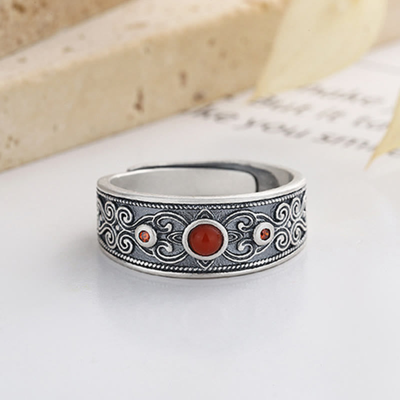 925 Sterling Silver Embedded Red Agate Auspicious Clouds Logical Thinking Ring