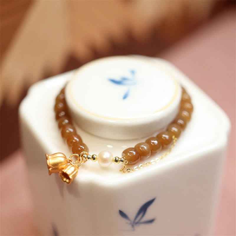 Natural Hetian Jade and Pearl Lily of the Valley 925 Sterling Silver Gold Plated Charm Bracelet