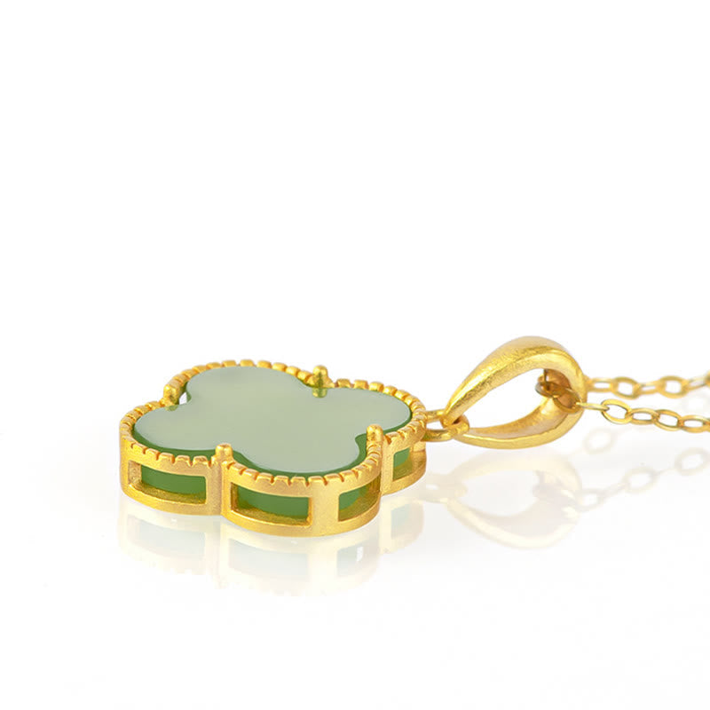 925 Sterling Silver Natural Hetian Jade Luck Four Leaf Clover Necklace Pendant