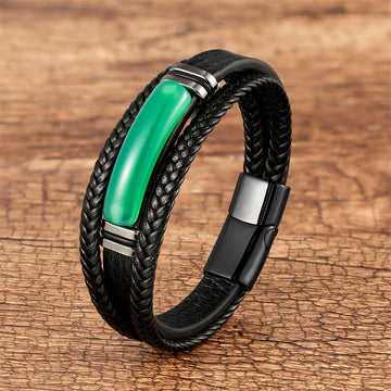 Multilayered Braided Leather Natural Gemstone Power Bracelet