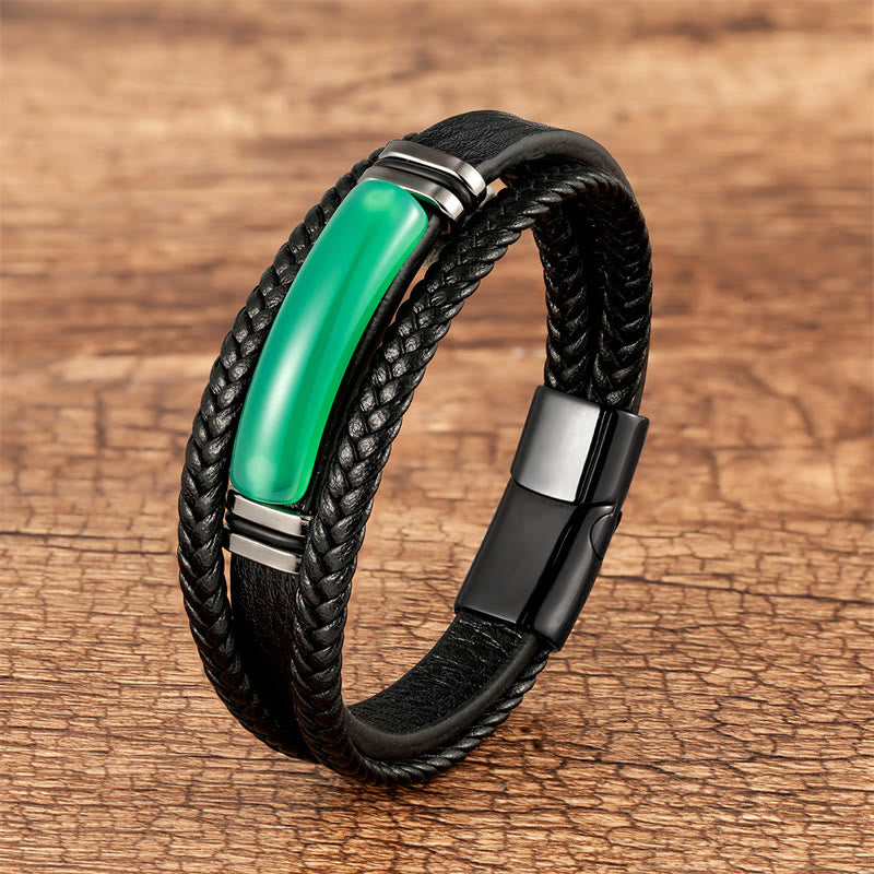 Multilayered Braided Leather Natural Gemstone Power Bracelet