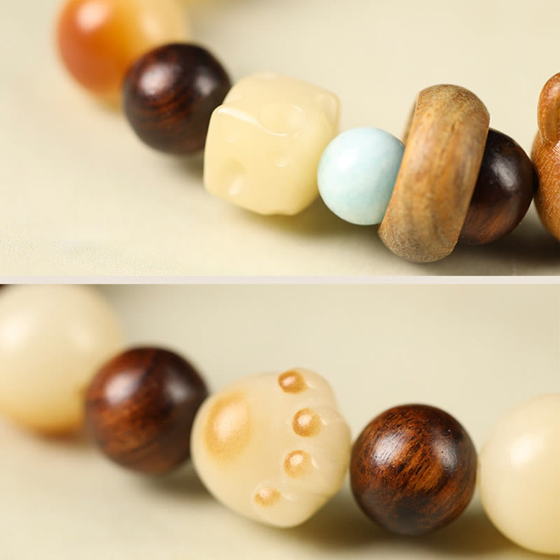 Natural Bodhi Seed Sandalwood Lucky Cute Cat Head Paw Claw Peace Bracelet