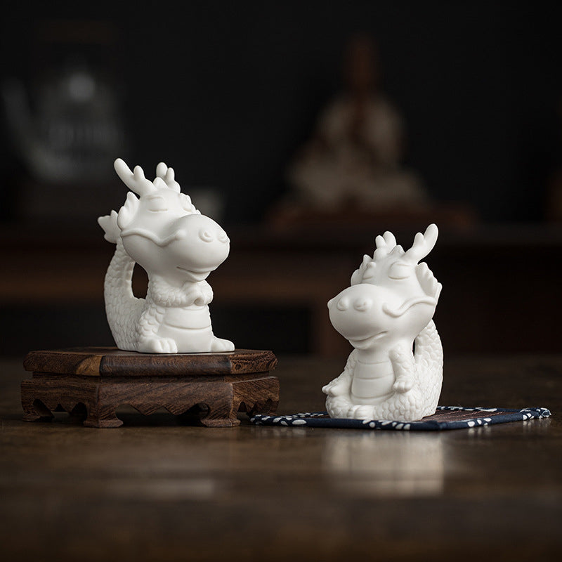 Year Of The Dragon Luck White Porcelain Ceramic Tea Pet Home Figurine Decoration