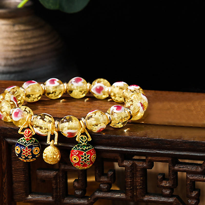 Gold Swallowing Beast Family Pink Love Heart Luminous Fluorescent Liuli Glass Bead Bracelet