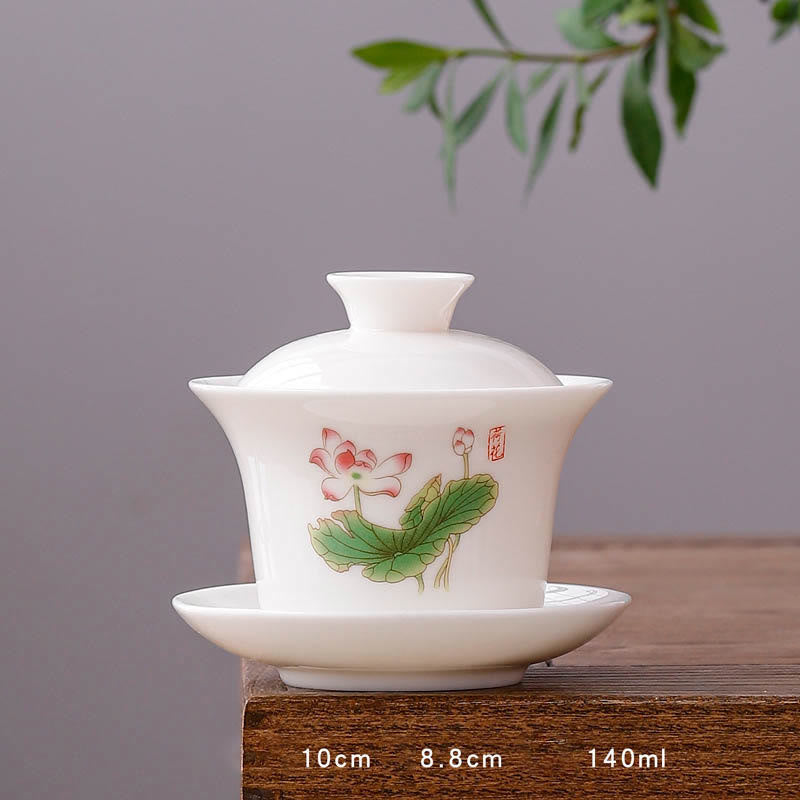 White Porcelain Mountain Landscape Countryside Ceramic Gaiwan Teacup Kung Fu Tea Cup And Saucer With Lid