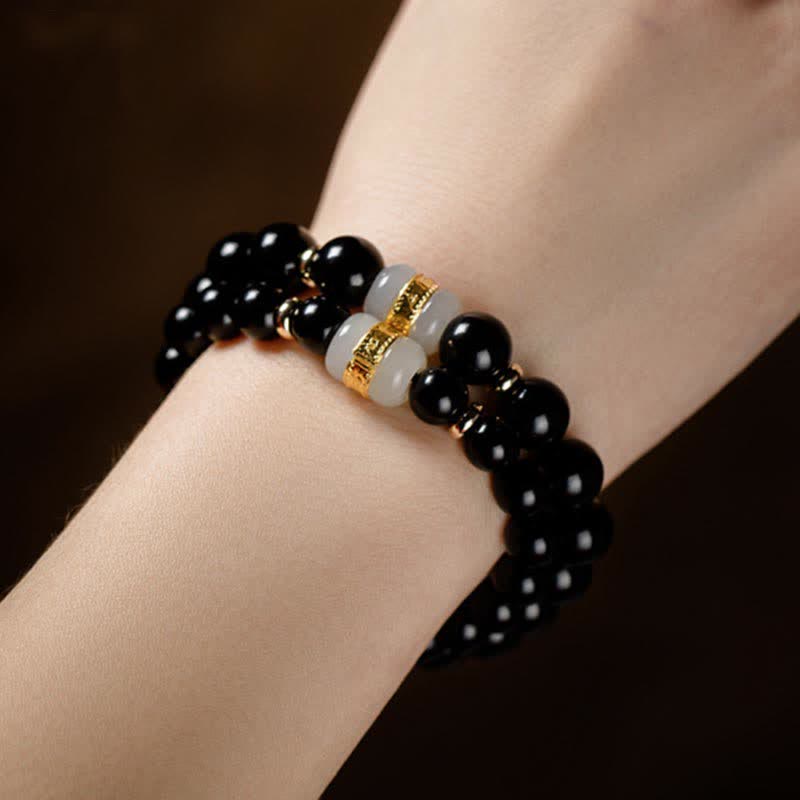 Magnetic Black Obsidian and Jade Om Mani Padme Hum Mantra Gold Plated Couple Bracelet