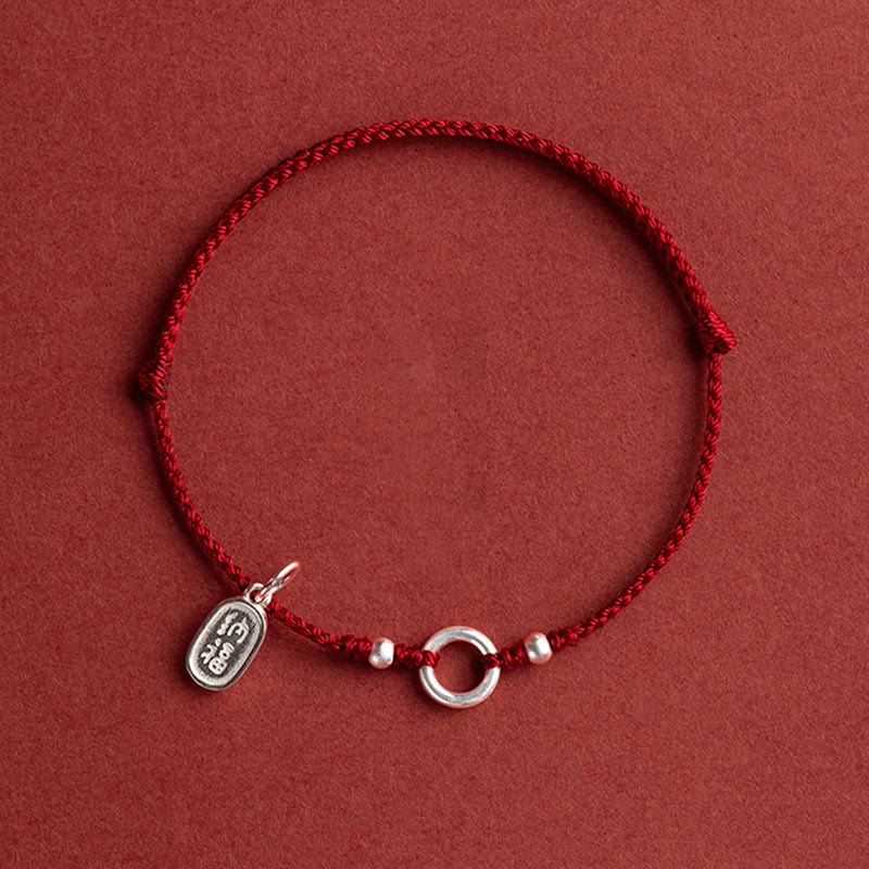 925 Sterling Silver Ping An Kou Lotus Red String Bracelet with Peace and Joy Charms