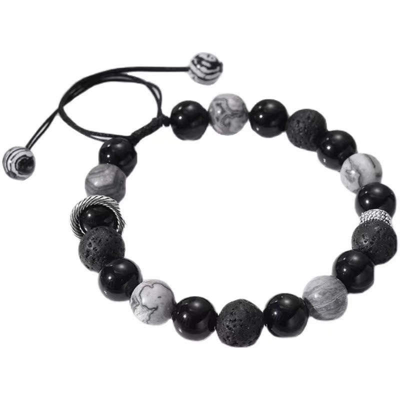 Vintage Lava Rock Black Obsidian Picasso Jasper Beads Support Rope Bracelet