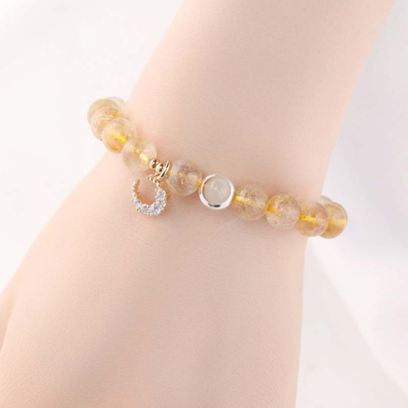 Radiant Citrine Gemstone Beaded Bracelet with Moon Charm