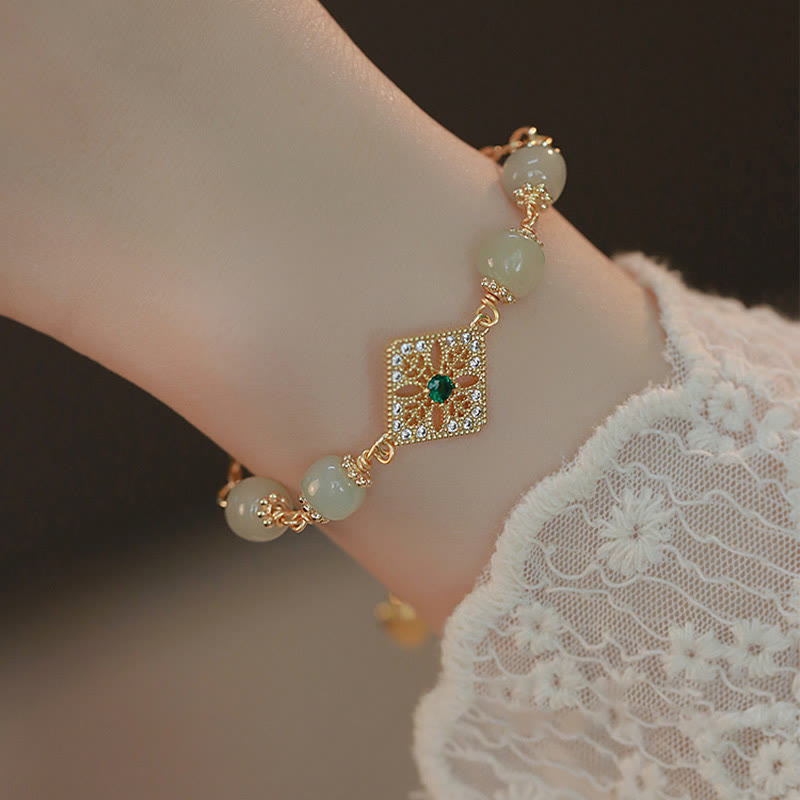 Handcrafted Natural Hetian Jade Bead Square Pattern Chain Bracelet