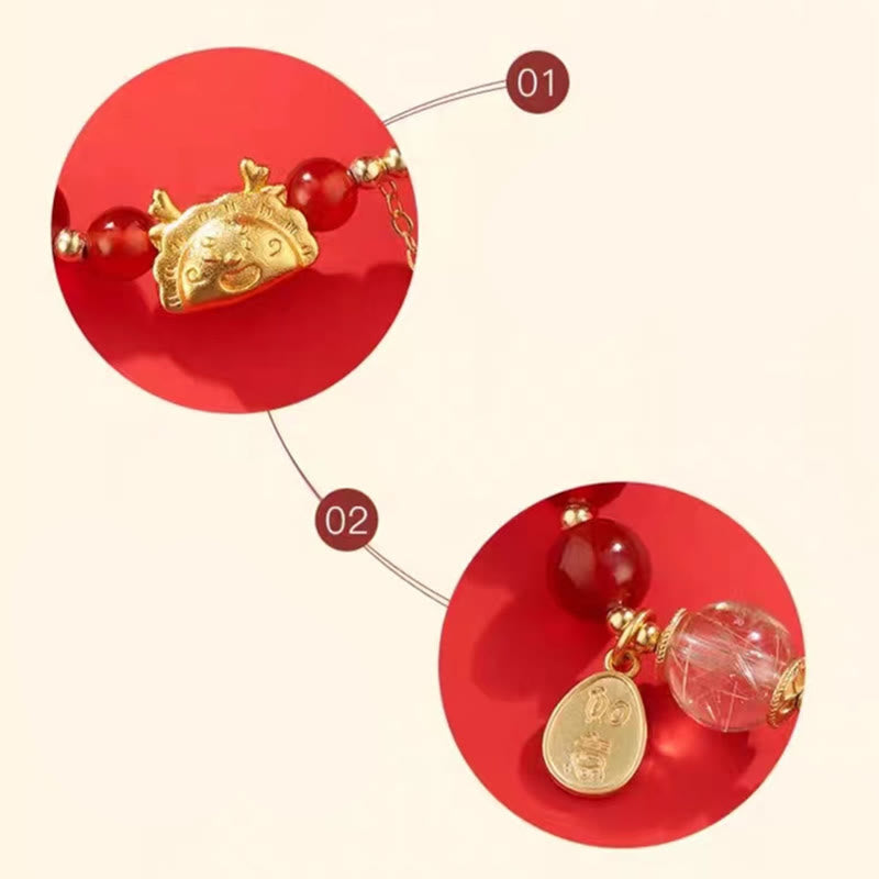 Year of the Dragon Dumpling Natural Red Agate Garnet Hetian Jade Fu Character Luck Success Bracelet
