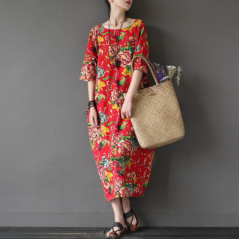 Red Peony Flowers Printed Midi Dress Half Sleeve Cotton Linen Dress