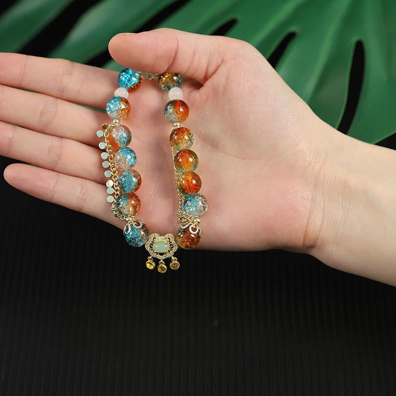 Colorful Liuli Glass Bead Chinese Lock Charm Fortune Bracelet