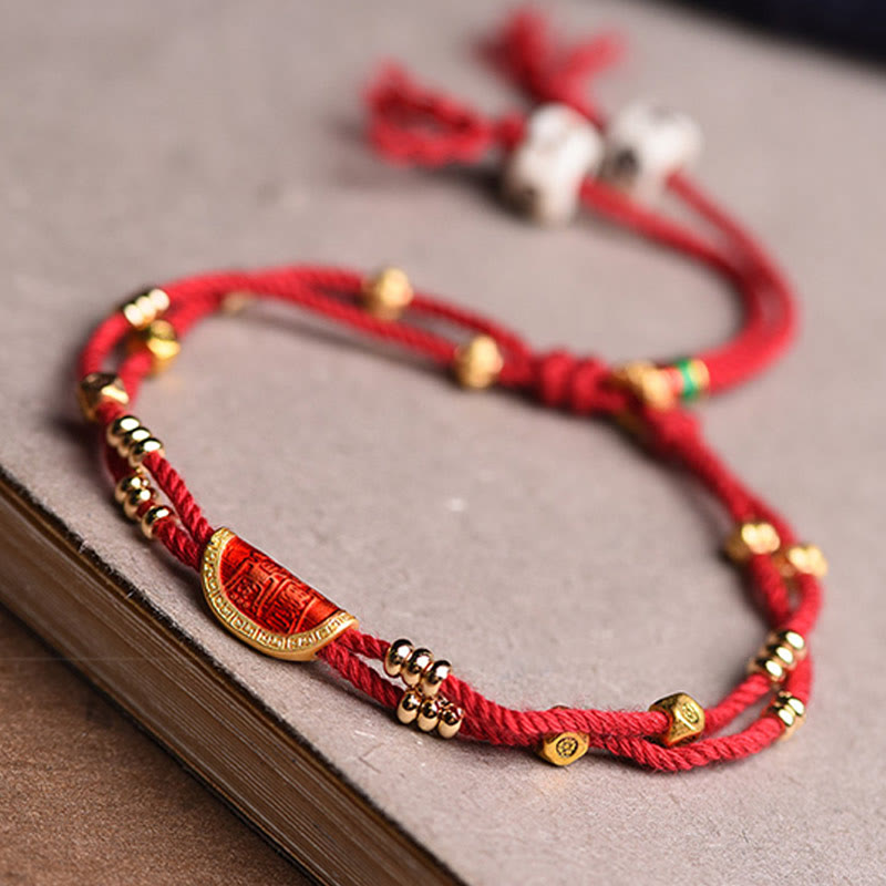 Handmade Braided Red String Bracelet with Cinnabar Dumpling Beads & Endless Knot