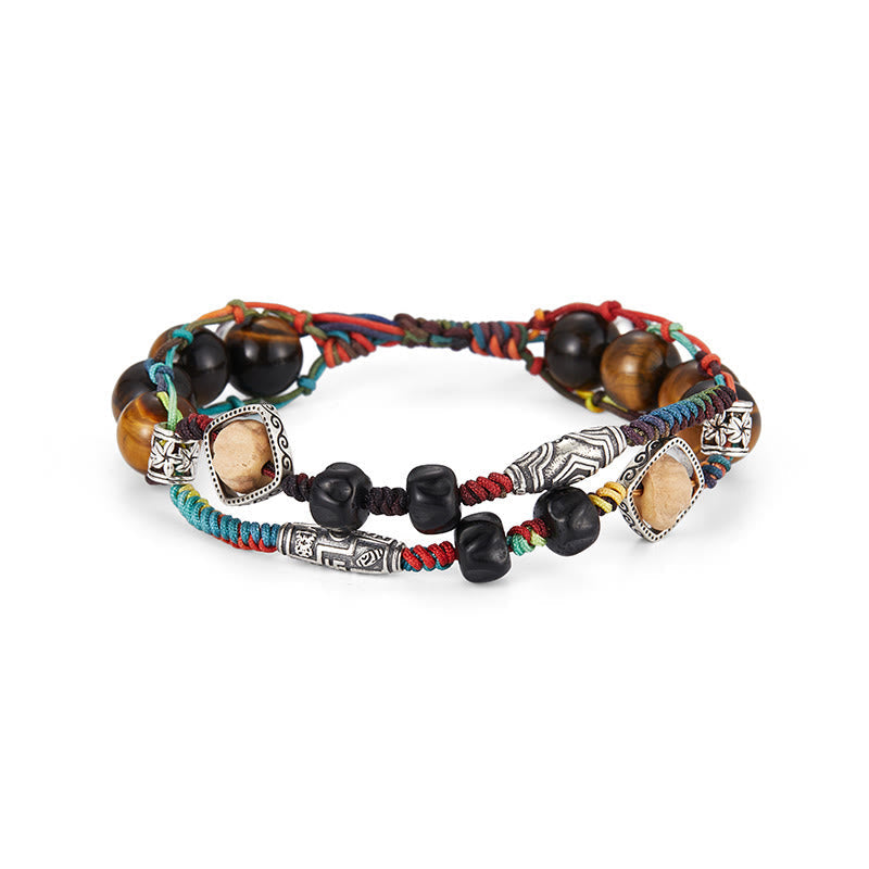 Handmade Tiger's Eye, Bodhi Seed & Coconut Shell 925 Sterling Silver Beaded Bracelet