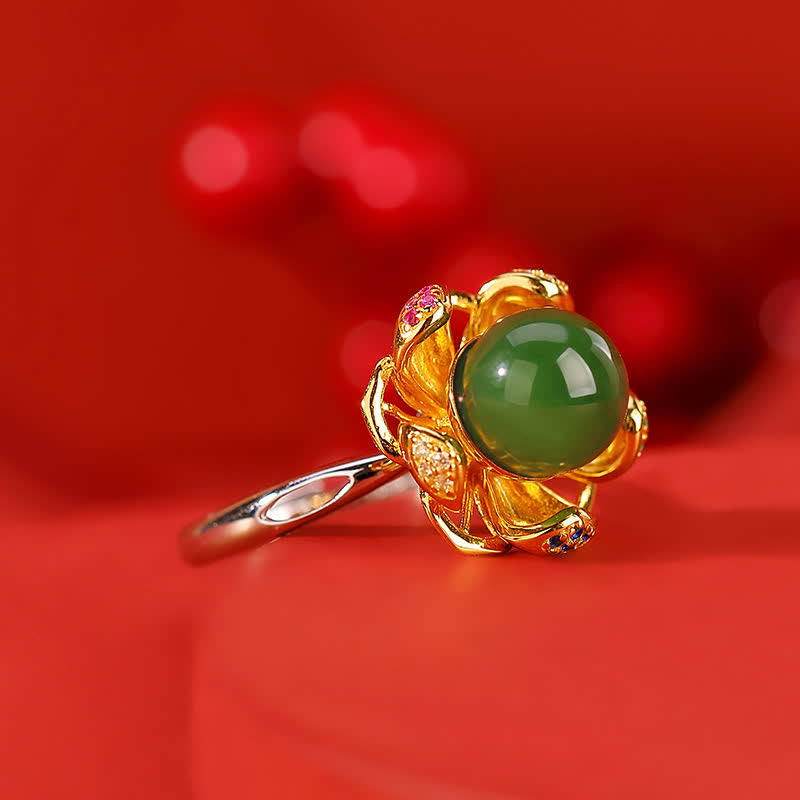 Handcrafted 925 Sterling Silver and Gold Jade Lotus Flower Ring